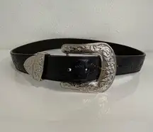Vintage 3D Western Black Floral Embossed Leather Belt Silver Buckle 32 EUC