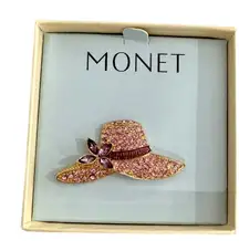 Vintage MONET Signed Pink Rhinestone Gold Plated Hat Brooch Pin New In Box