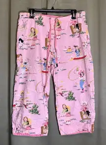 Nick & Nora Pink Retro Cowgirls Horse Pajama Capri Pants L Cotton