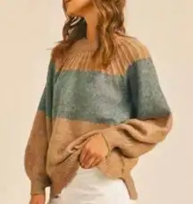 Lush size S Callie camel and green block stripe balloon sleeve crewneck sweater