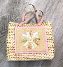 Flower Wicker Straw Basket Gingham Purse Bag Pink
