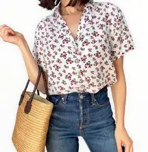 Cynthia Rowley Mini Floral Button Down Linen White Collared Blouse