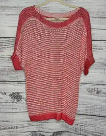 Chico’s Open Weave Knit Top Red White Short Sleeve Pullover Sweater Lg