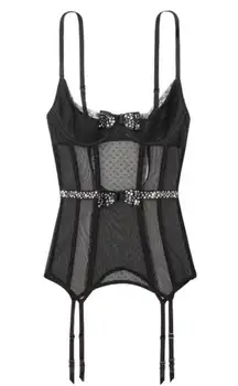 Victoria’s Secret Quarter Cup Black Mesh Rhinestone Bow Merry Widow Corset S