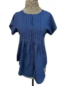 Calypso St Barth Womens Top Size XS Navy Blue Short Sleeve Ruched Silk Shirt