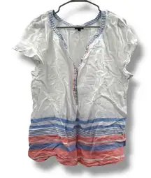 Talbots Linen Striped Henley‎ Top Women’s Size Large White Blue Pink Summer