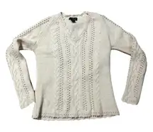 *Vintage* Eddie Bauer Women M Sweater Cottage Wool Cashmere Cable Cream V Neck