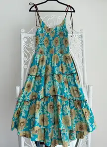 Free People Adriel Dress Small Floral Tiered Cami Smocked Boho Prairie Hawaiian