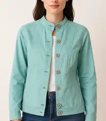 Coastal Chic Aqua Blue Button Front Jacket Stretch Blend Chico’s Size 0