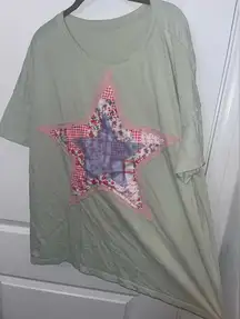 Layered Fabric Star Patchwork MintGreen Oversized T Shirt Y2K Indie Americana XL