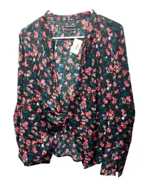 Something Navy Floral Long Sleeve Wrap Front Blouse Size Medium
