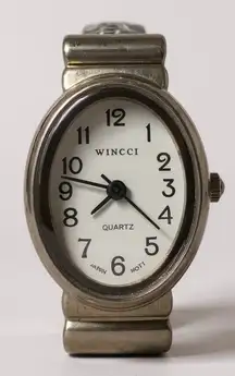 Wincci Quartz Watch Silver Tone Black Faux Leather‎ Cuff Bracelet Japan Movt