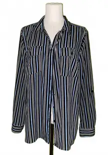 Y2K Striped Button Down Shirt L 2000s Blue Black White Retro Long Sleeve Top