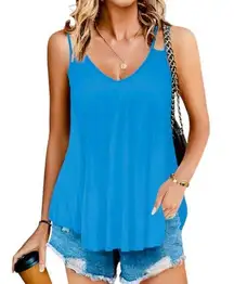 Double Spaghetti Strap Tunic Length Swing Style Cami, Size Medium, Blue