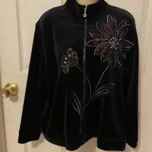 Alfred Dunner Black Bomber Jacket with Pink Floral Embroidery