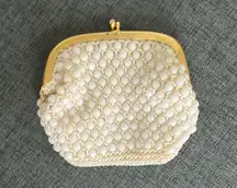 Vintage White and Gold Crochet Beaded Change Purse Bag