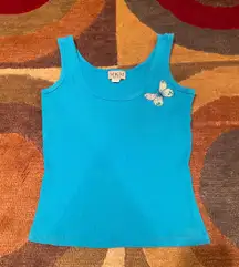 MKM Designs Aqua Blue y2k 90’s Vintage Retro Ribbed Tank Top Butterfly Sequins Small