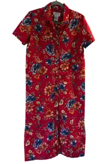 Talbots Floral Red Shirt Dress SZ 8 Linen Cotton Button Down Cottagecore  Fall