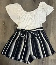 LA Gypsy Romper, White Ruffle Top, Black Shorts With White Stripes, Tie Belt 1XL