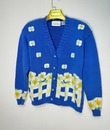Alexandra Bartlett Knit Floral Daisy Cardigan Sweater Vintage Cottage-core with shoulder Pads.