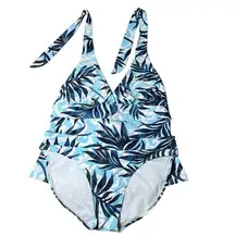 Title Nine Tropical Print‎ Tankini 2 Piece Bikini Halter Swim Suit Blue Leaf M