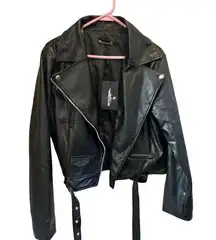 PrettyLittleThing Women's Black Faux Leather Biker Jacket Size 12 zip Belted