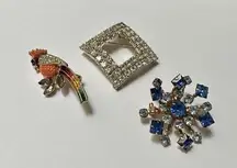 Lot Of 3 Rhinestone Brooch Pins 1 Bird 2 Are Prong Set