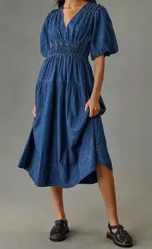 Anthropologie Pilcro Smocked Puff-Sleeve Denim Dress size XS