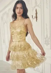 Shine in this elegant gold lace dress, perfect for any special occasion. The intricate lace detailing adds a touch of sophistication.