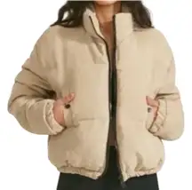 Commense Corduroy Puffer Jacker Full Zip Funnel Neck Pockets Cropped Cream XS