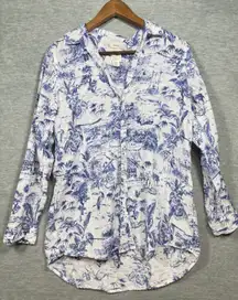 Joie 100% Linen Womens Top M Blue White Scenic Print Button Down Tropical