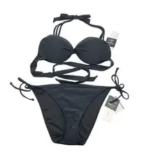 Salt + Cove Bikini Set Juniors' Strappy Underwire Push-up Top Side Tie Black L