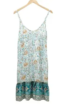 NWT Cupshe Ruffle Hem Blue Floral Print Boho Slip Dress Swim Cover Sz Medium NEW