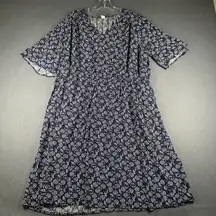 Old Navy Dress Womens 2X Plus Blue Floral Print V Neck Short Half Sleeve Midi