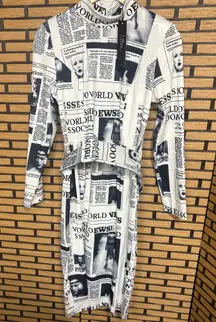For Her White And Black Newspaper Print Belted Dress Size Medium