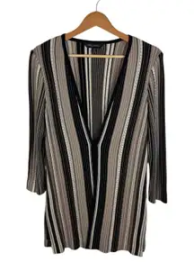 Ming Wang Striped‎ Ribbed Knit Cardigan Sweater Small Neutral Stretch Minimalist