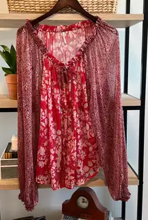Anthropologie Free People Boho V-neck Keyhole Printed Chiffon Blouse Top, Small