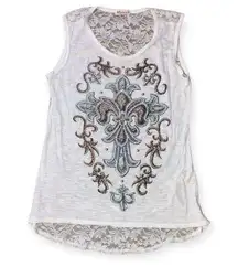 Vocal Womens white fleur de lis rhinestone tank top