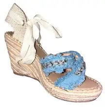 NWT YOKI Denim Espadrille Wedges Women’s Size 9 Lace Up Heeled Sandals Crystals