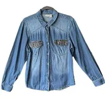 Mudd embellished metal disc faded look denim blue shirt