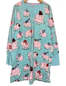 Nick & Nora XL Blue Pink Elephant Ice Skating Long Sleeve Nightshirt Sleep Dress