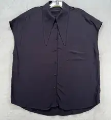 Mod Ref Sleeveless Button‎ Down Top Relaxed Fit Collared Blouse Black S