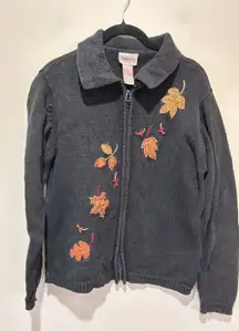 Vintage fall cardigan size L black zippered collared flat on sleeve grandmacore