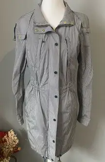 Tory Burch Navy Blue & White Hooded Anorak Rain Jacket