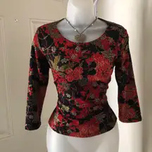 2000s Goth grunge whimsygoth black blood red fitted slim fit graphic bedazzled rhinestone top blouse shirt.