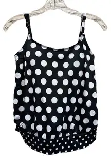 Liz Claiborne Tankini Top Black/White Polkadot Built In Bra Size 10‎ Adj Straps