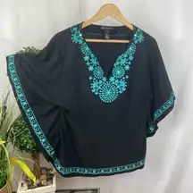 INC Black & Blue Embroidered Short Sleeve Swimsuit Cover Top XS