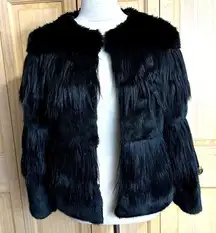 Lumiere Black Contrasting Faux Fur & Feather Hip Length Jacket Coat Sz S