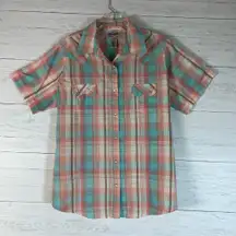 Wrangler Women's Essential Short Sleeve Plaid Western Snap Top size L fitted