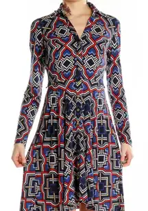 Cache Multi-Color Geometric Print Long Sleeve Shirt Dress Belted Size 14